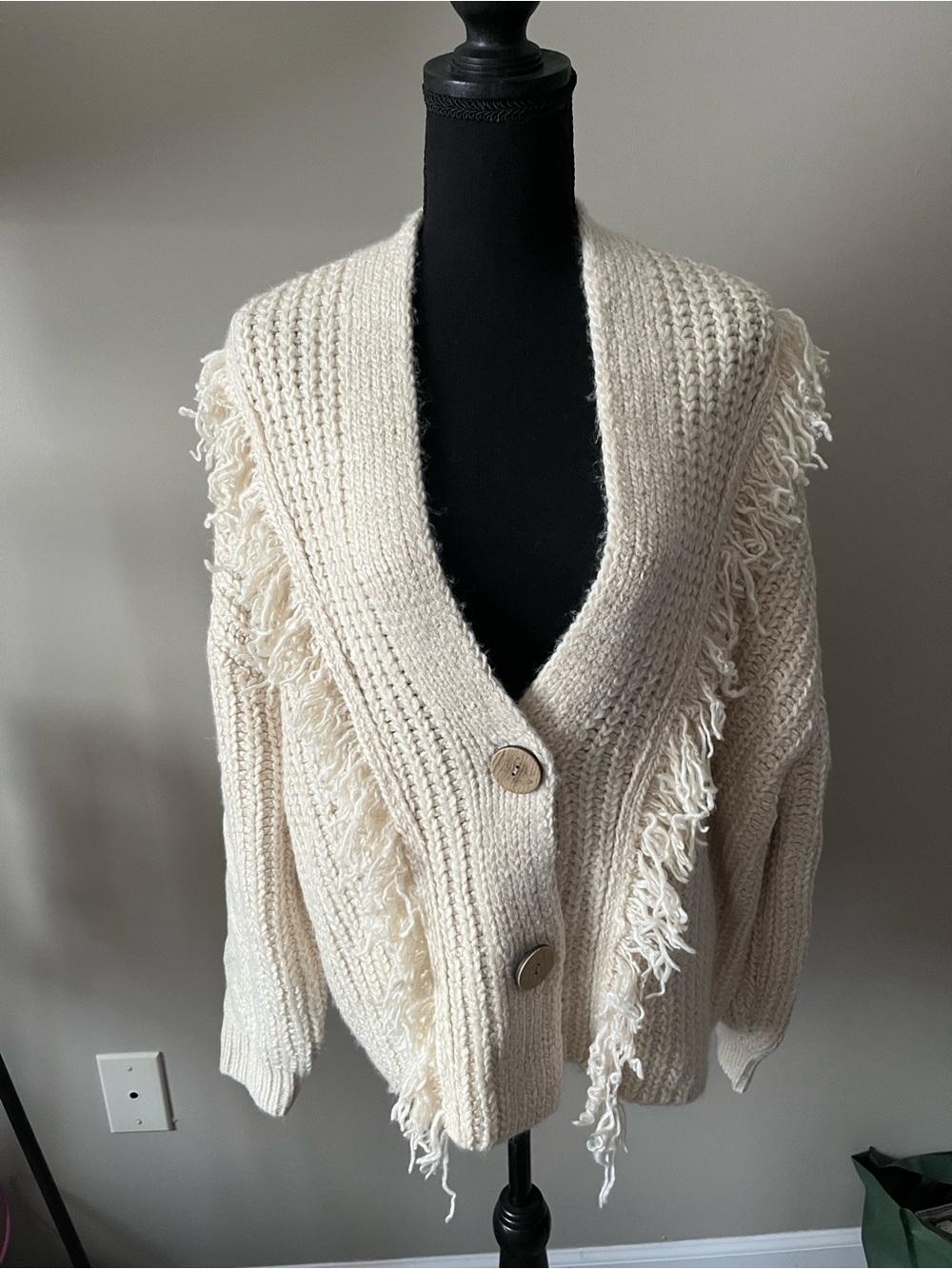 a.n.a Cream Fringe Shawl-Collar Button Cardigan